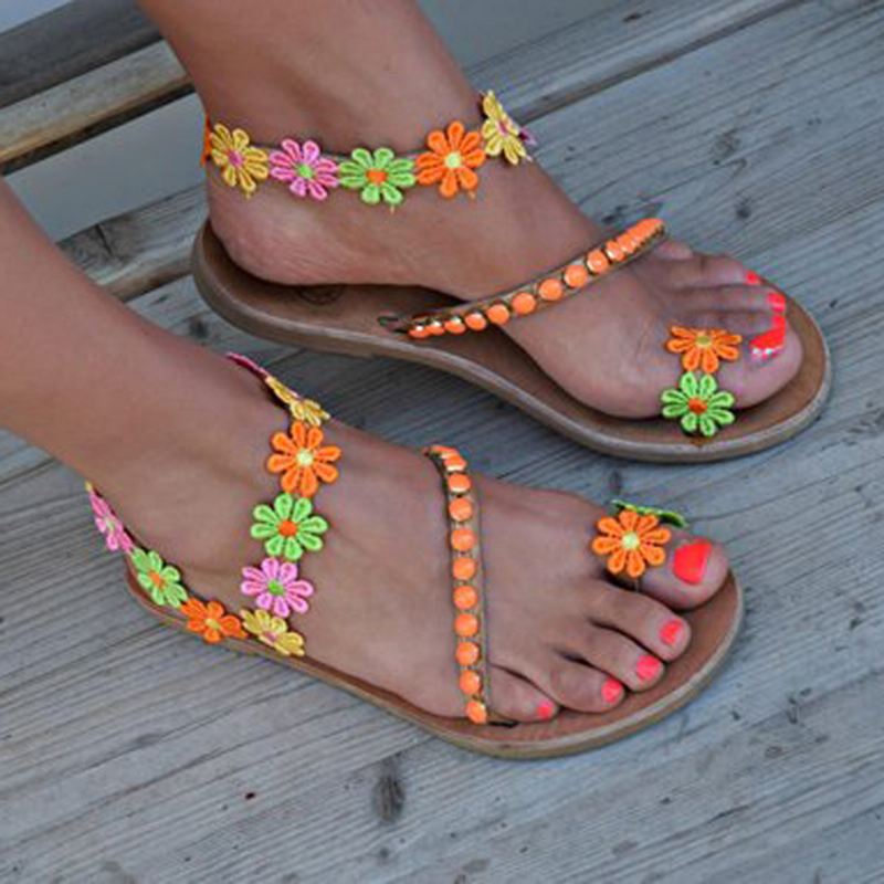 Kvinder Bohemian Blomster Decoration Bead Slip On Clip Toe Summer Beach Flat Sandaler