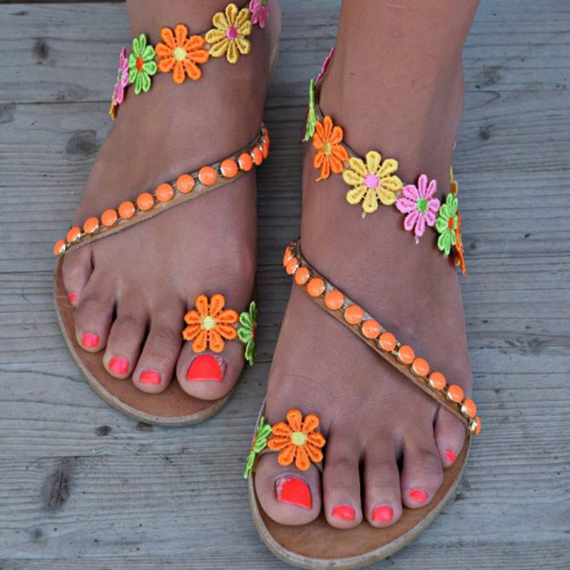 Kvinder Bohemian Blomster Decoration Bead Slip On Clip Toe Summer Beach Flat Sandaler