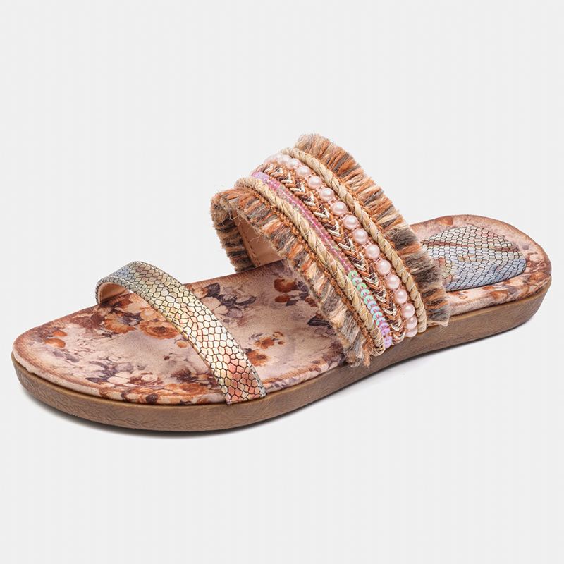 Kvinder Bohemian Folkways Stitching Non Slip Blomstermønster Åben Tå Sommer Strand Flade Sandaler