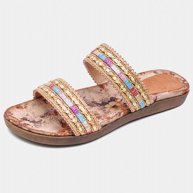 Kvinder Bohemian Folkways Stitching Non Slip Blomstermønster Åben Tå Sommer Strand Flade Sandaler