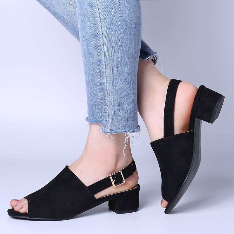 Kvinder Ensfarvet Ruskind Peep Toe Slingback Chunky Heel Casual Daily Heeled Sandaler