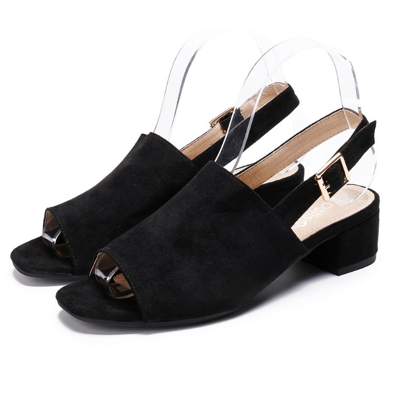 Kvinder Ensfarvet Ruskind Peep Toe Slingback Chunky Heel Casual Daily Heeled Sandaler