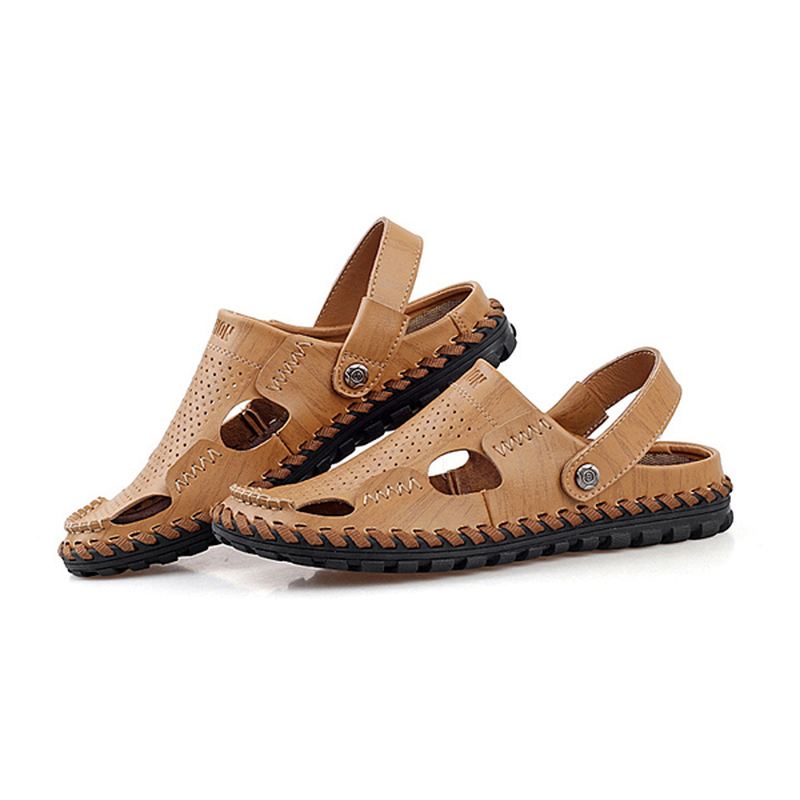 Mænd Sommer Læder Sandal Casual Rund Tå Udendørs Flad Mode Blød Strand Tøfler