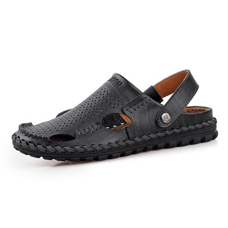 Mænd Sommer Læder Sandal Casual Rund Tå Udendørs Flad Mode Blød Strand Tøfler