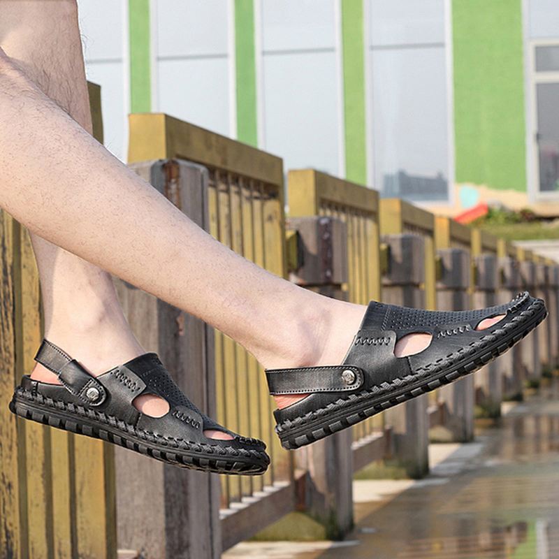 Mænd Sommer Læder Sandal Casual Rund Tå Udendørs Flad Mode Blød Strand Tøfler