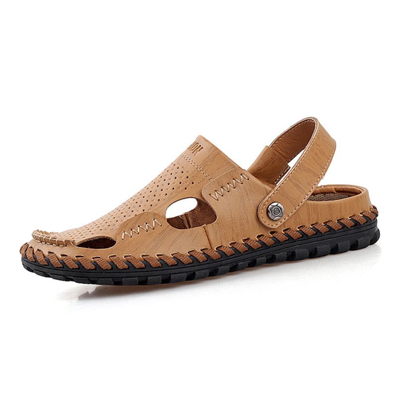 Mænd Sommer Læder Sandal Casual Rund Tå Udendørs Flad Mode Blød Strand Tøfler