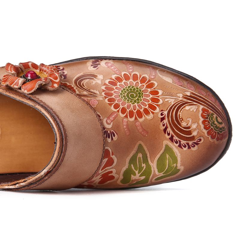 Retro-blomstret Præget Mønster Ægte Læder Super Slip-on-sko