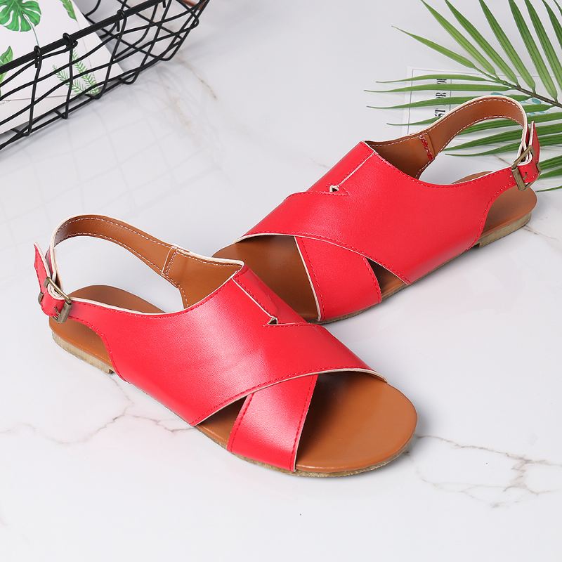 Wome Beach Peep Toe Cross Buckle Flats Sandaler