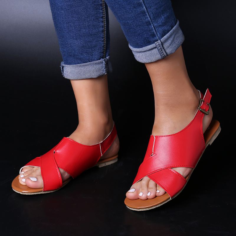 Wome Beach Peep Toe Cross Buckle Flats Sandaler