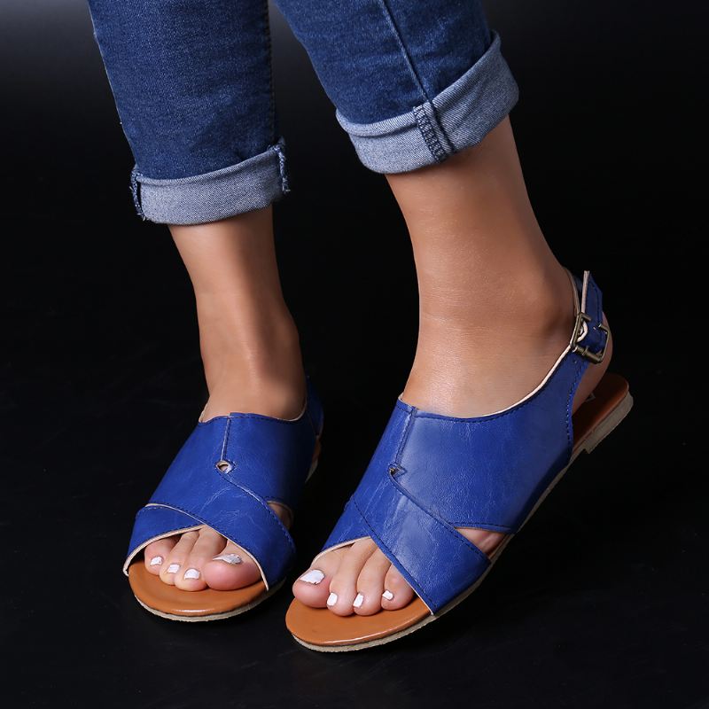 Wome Beach Peep Toe Cross Buckle Flats Sandaler