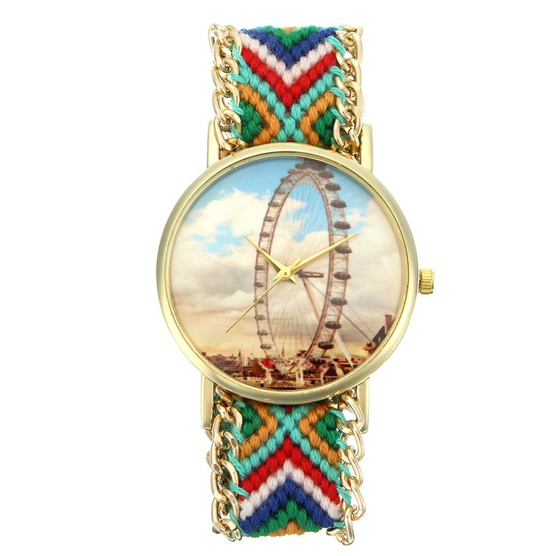 Brugerdefineret Folk Style Kvinder Watch Pariserhjul Case Strikket Stof Strap Casual Retro Quartz Armbåndsur