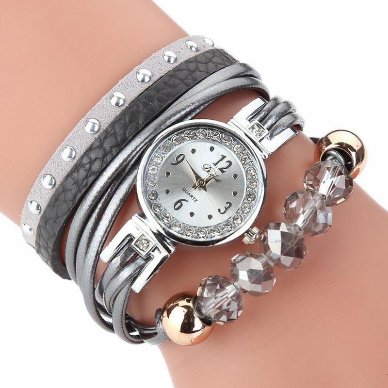 Crystal Casual Style Kvinder Armbånd Watch Gave Læderrem Quartz Watch