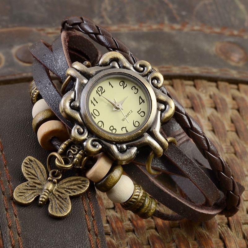 Retro Stil Flerlags Kvinder Armbånd Watch Butterfly Pendant Quartz Ure