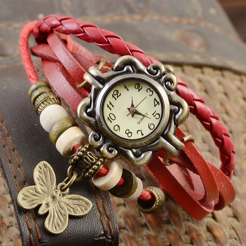 Retro Stil Flerlags Kvinder Armbånd Watch Butterfly Pendant Quartz Ure