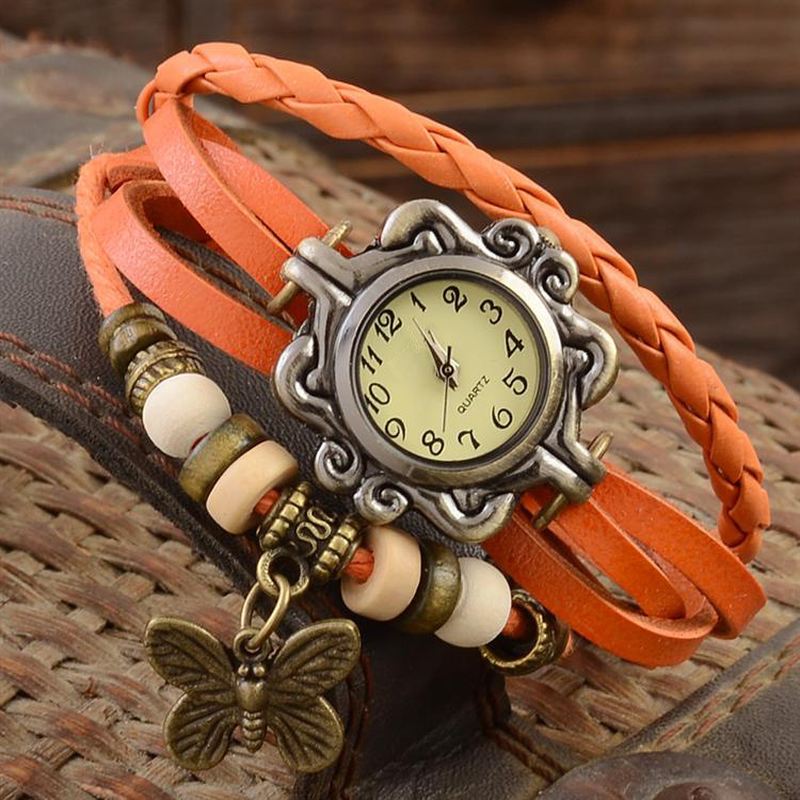 Retro Stil Flerlags Kvinder Armbånd Watch Butterfly Pendant Quartz Ure