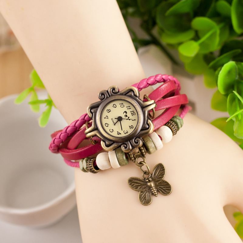 Retro Stil Flerlags Kvinder Armbånd Watch Butterfly Pendant Quartz Ure