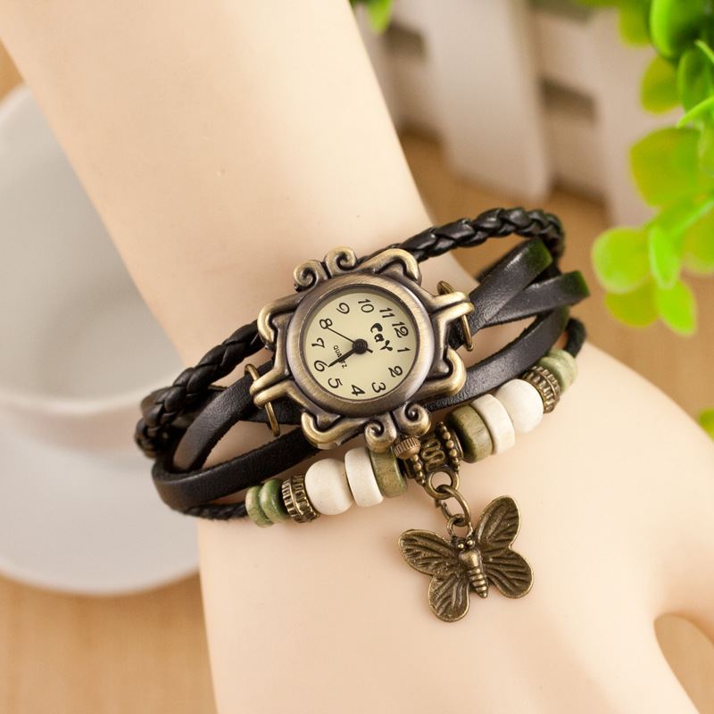 Retro Stil Flerlags Kvinder Armbånd Watch Butterfly Pendant Quartz Ure