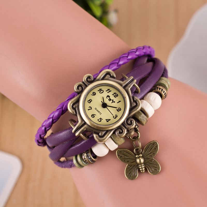 Retro Stil Flerlags Kvinder Armbånd Watch Butterfly Pendant Quartz Ure