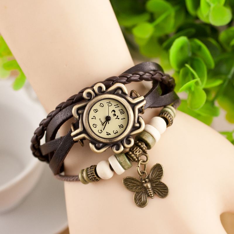 Retro Stil Flerlags Kvinder Armbånd Watch Butterfly Pendant Quartz Ure