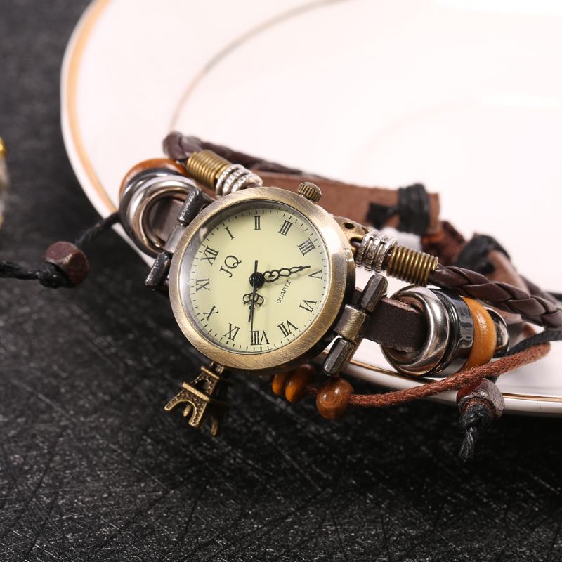 Retro Stil Kvinder Armbånd Watch Beads Eiffel Tower Pendant Quartz Watch