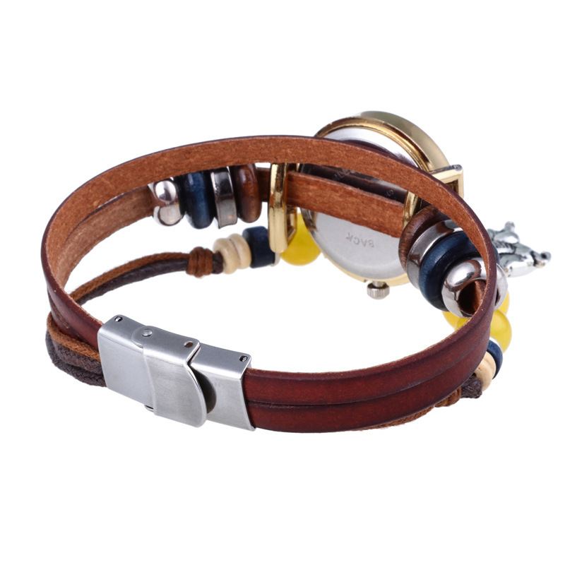 Retro Stil Vintage Kvarts Ur Dekoreret Pointer Firkløver Vedhæng Perleformet Flerlags Armbåndsur