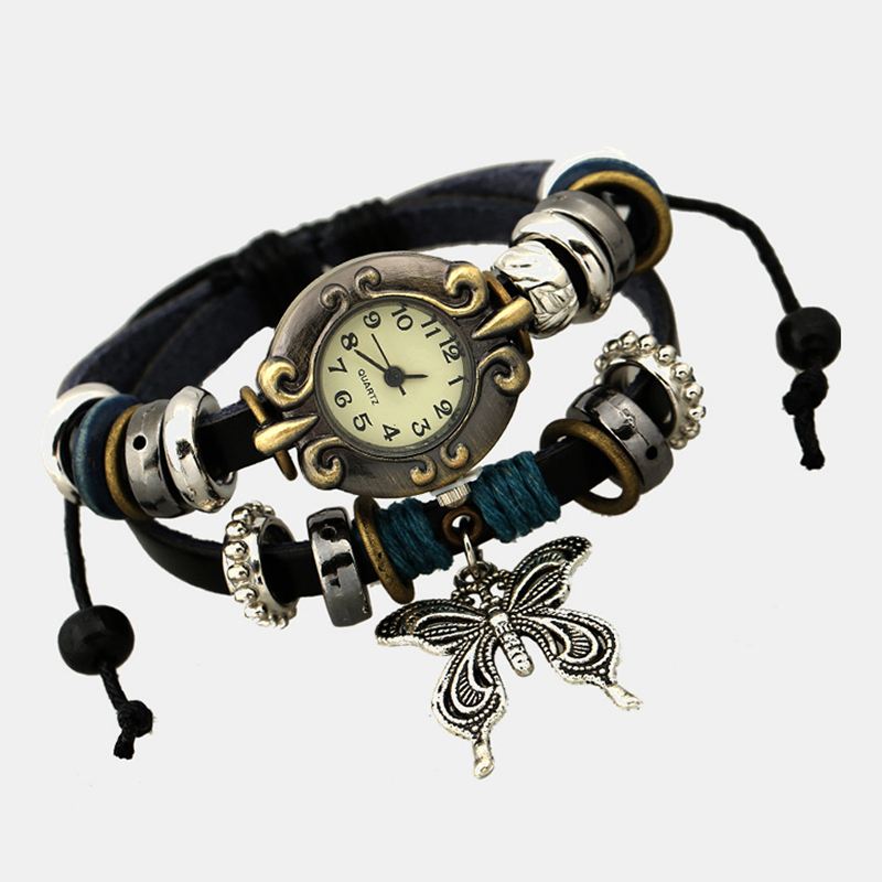 Vintage Flerlags Ko Læder Kvinder Armbånd Watch Butterfly Pendant Quartz Watch