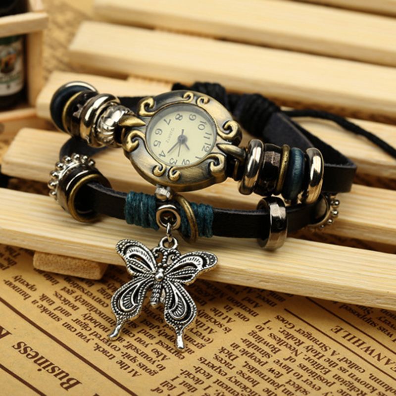 Vintage Flerlags Ko Læder Kvinder Armbånd Watch Butterfly Pendant Quartz Watch