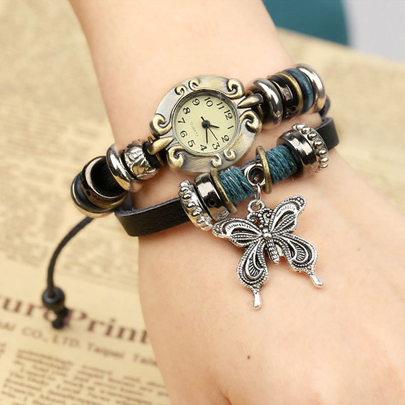 Vintage Flerlags Ko Læder Kvinder Armbånd Watch Butterfly Pendant Quartz Watch