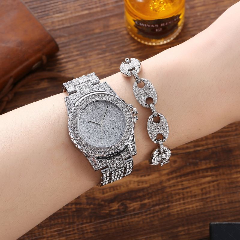 3 Stk Fuld Diamant Stålbånd Hip Hop Temperament Quartz Watch Rhinestone Armbånd Halskæde Sæt