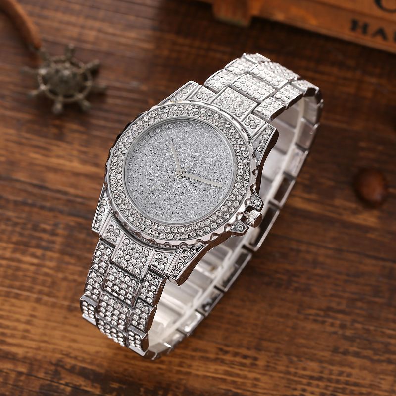 3 Stk Fuld Diamant Stålbånd Hip Hop Temperament Quartz Watch Rhinestone Armbånd Halskæde Sæt