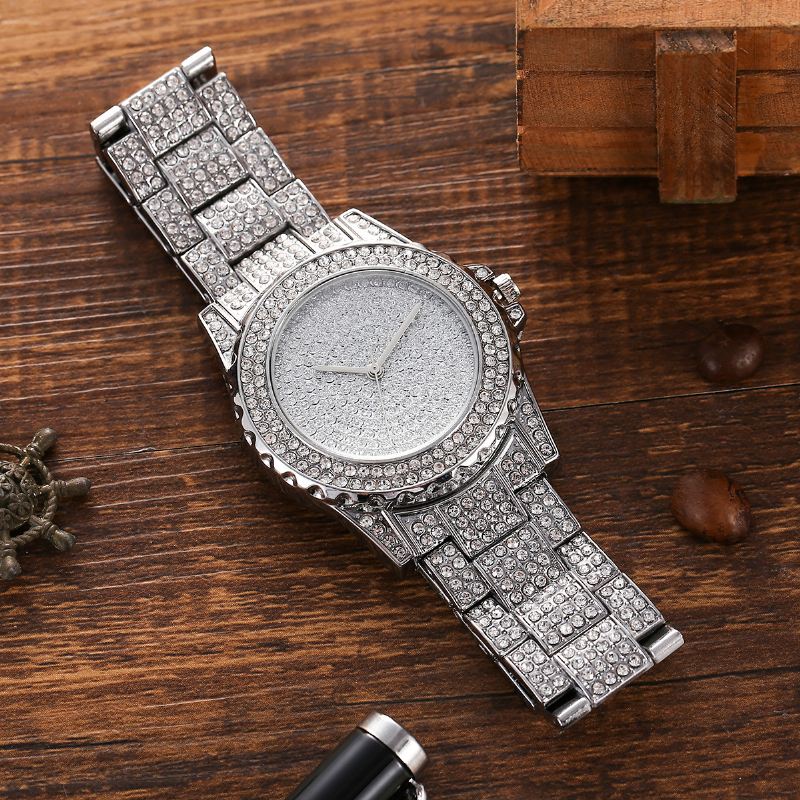 3 Stk Fuld Diamant Stålbånd Hip Hop Temperament Quartz Watch Rhinestone Armbånd Halskæde Sæt