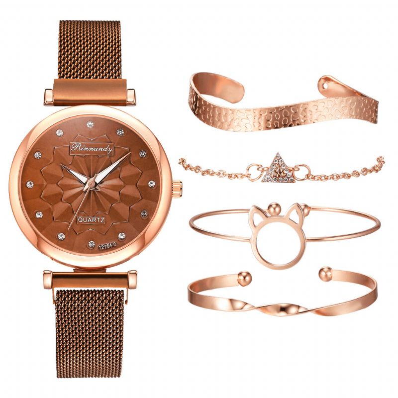 5 Stk Kombination Dame Armbånd Watch Sæt Blomster Dial Mesh Stål Band Quartz Watch