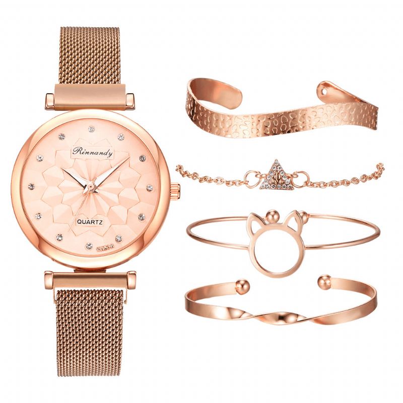 5 Stk Kombination Dame Armbånd Watch Sæt Blomster Dial Mesh Stål Band Quartz Watch