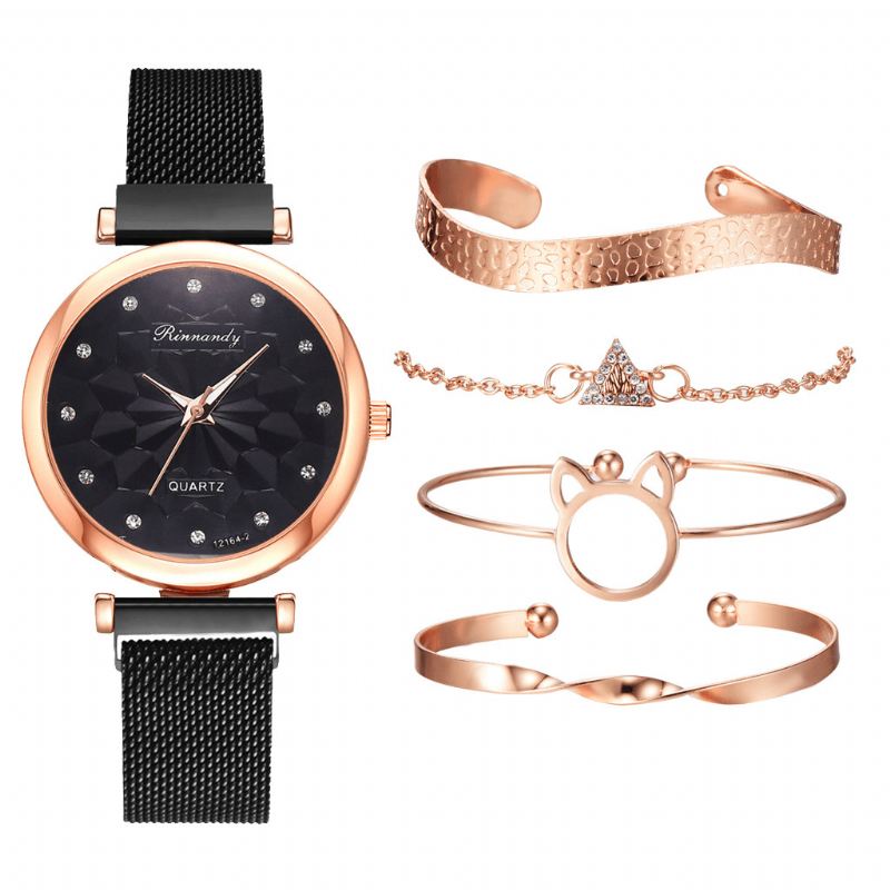 5 Stk Kombination Dame Armbånd Watch Sæt Blomster Dial Mesh Stål Band Quartz Watch