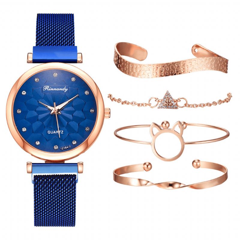 5 Stk Kombination Dame Armbånd Watch Sæt Blomster Dial Mesh Stål Band Quartz Watch