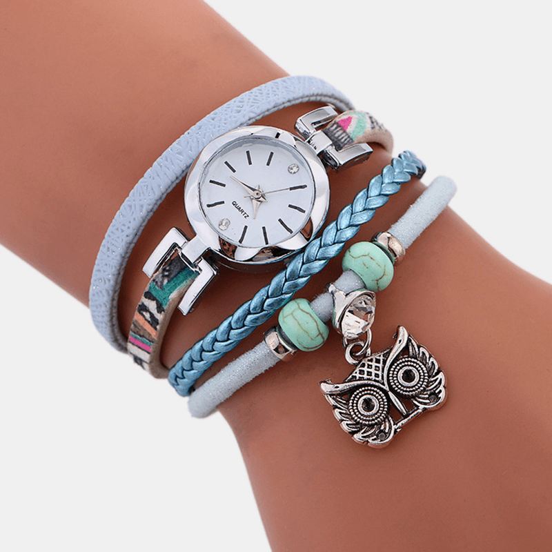 Bohemian Cute Owl Læderarmbåndsur Etnisk Metal Rhinestone Multi-layer Armbåndsure