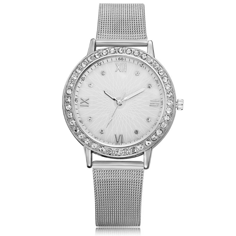 Casual Style Crystal Dame Armbåndsur Fuld Steel Band Quartz Ure