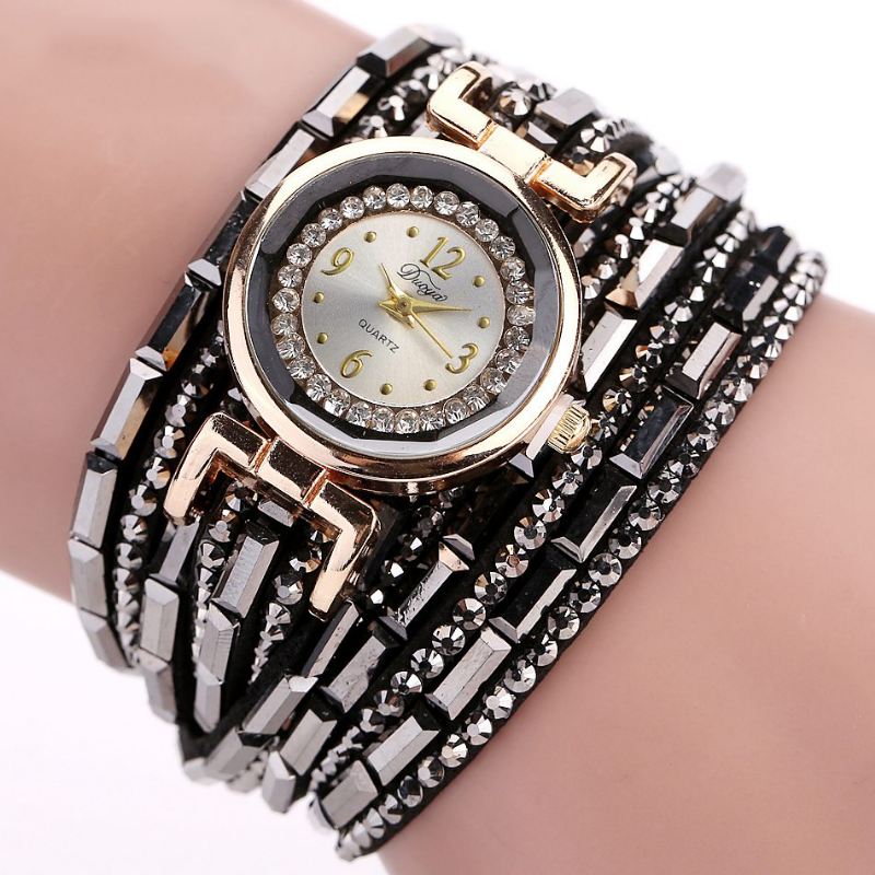 Crystal Casual Style Dame Armbånd Watch Gold Case Quartz Movement Ure