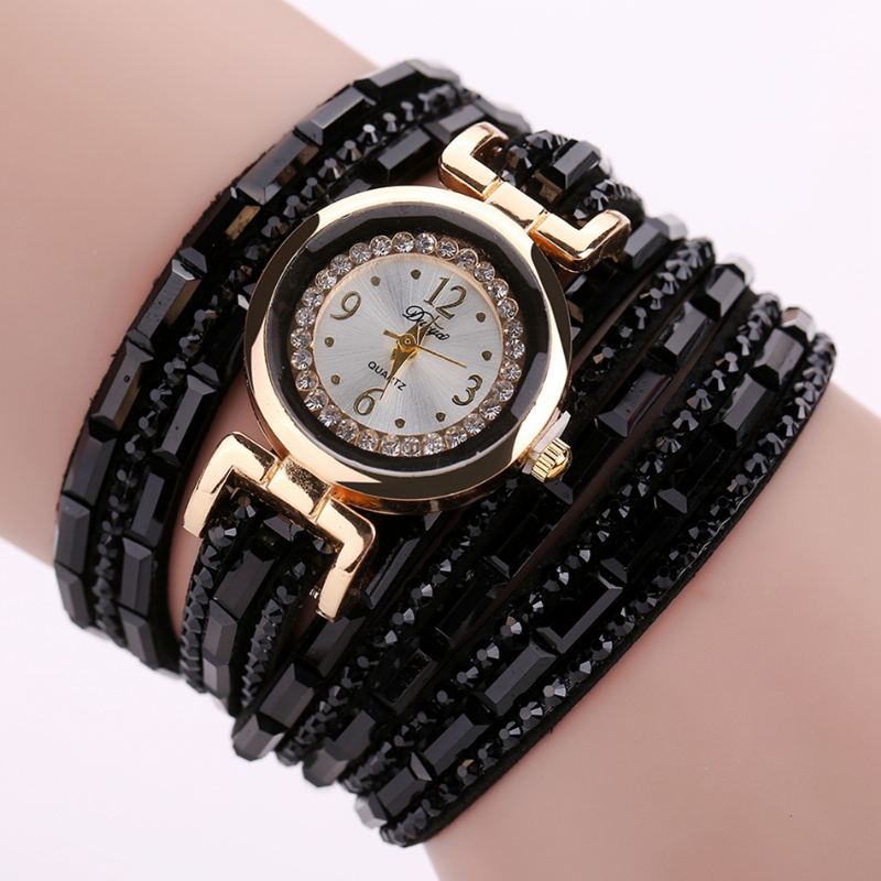 Crystal Casual Style Dame Armbånd Watch Gold Case Quartz Movement Ure