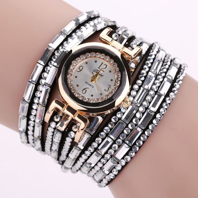 Crystal Casual Style Dame Armbånd Watch Gold Case Quartz Movement Ure