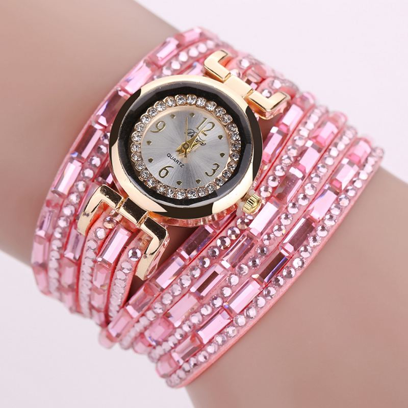 Crystal Casual Style Dame Armbånd Watch Gold Case Quartz Movement Ure