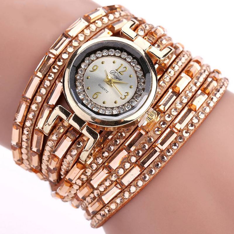 Crystal Casual Style Dame Armbånd Watch Gold Case Quartz Movement Ure