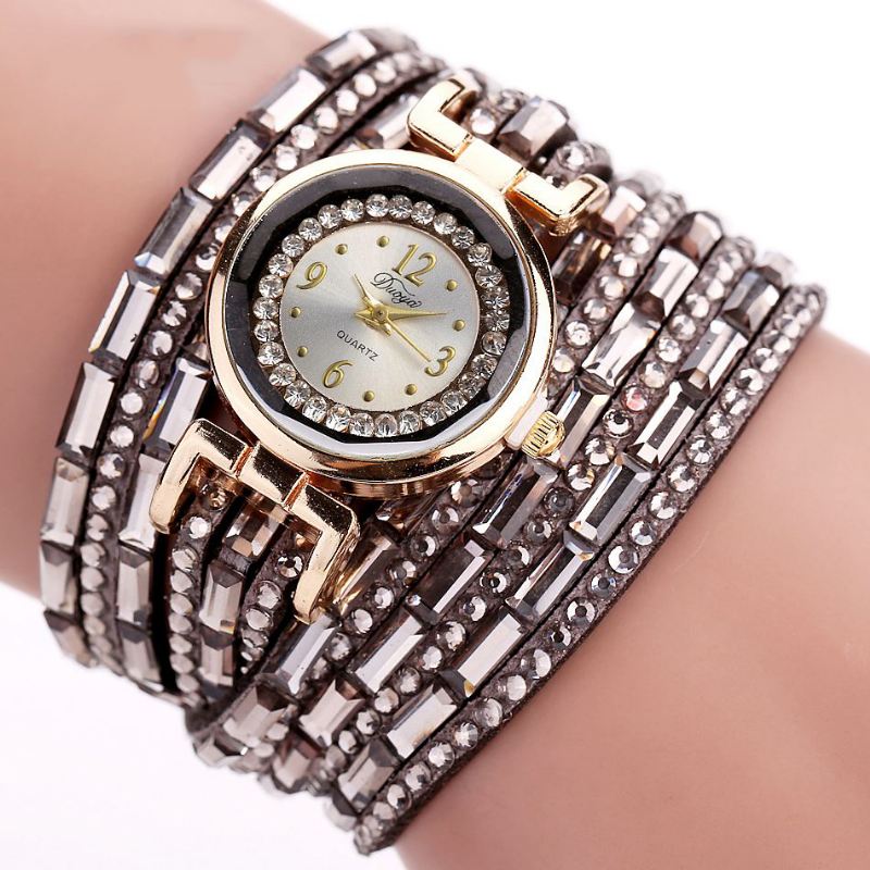 Crystal Casual Style Dame Armbånd Watch Gold Case Quartz Movement Ure