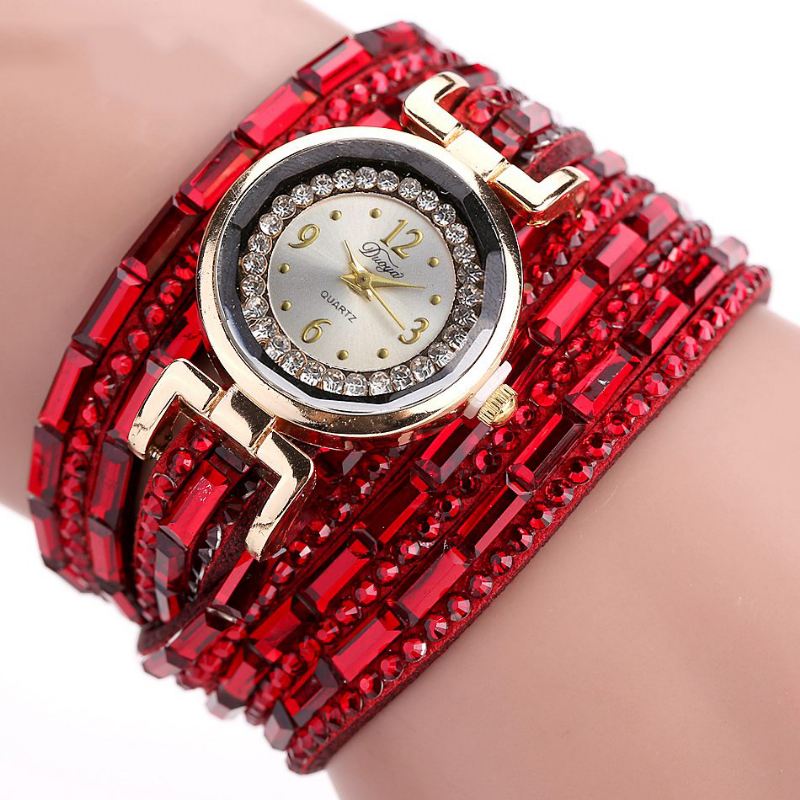 Crystal Casual Style Dame Armbånd Watch Gold Case Quartz Movement Ure