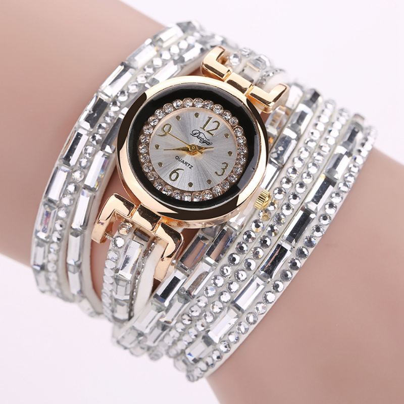 Crystal Casual Style Dame Armbånd Watch Gold Case Quartz Movement Ure