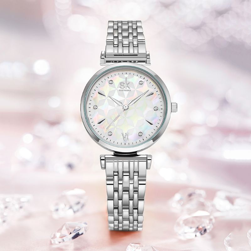 Crystal Dial Blomster Pattern Rustfrit Stål Dame Kjole Kvinder Quartz Watch