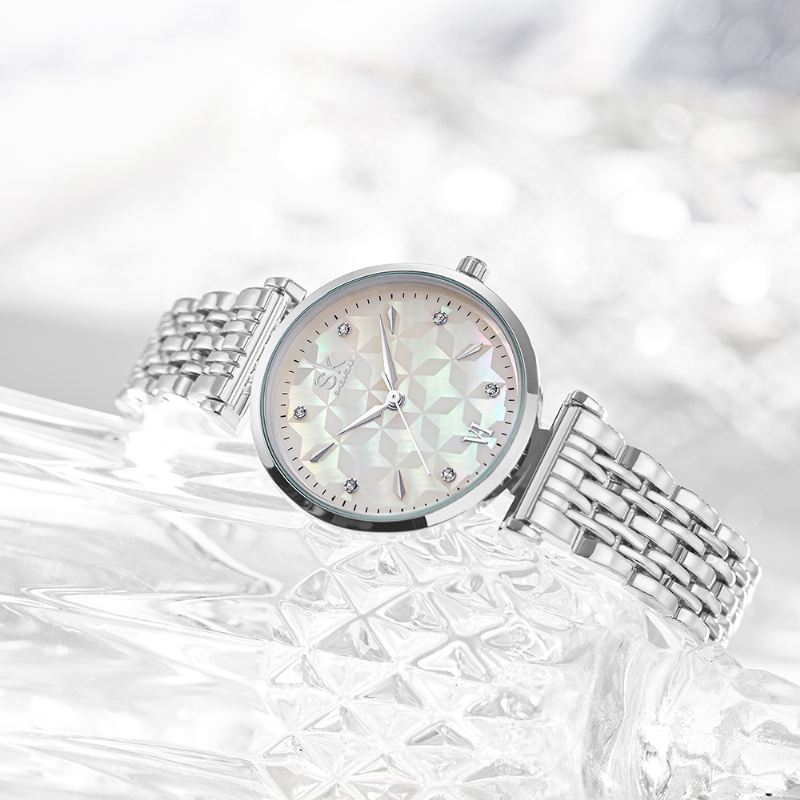 Crystal Dial Blomster Pattern Rustfrit Stål Dame Kjole Kvinder Quartz Watch