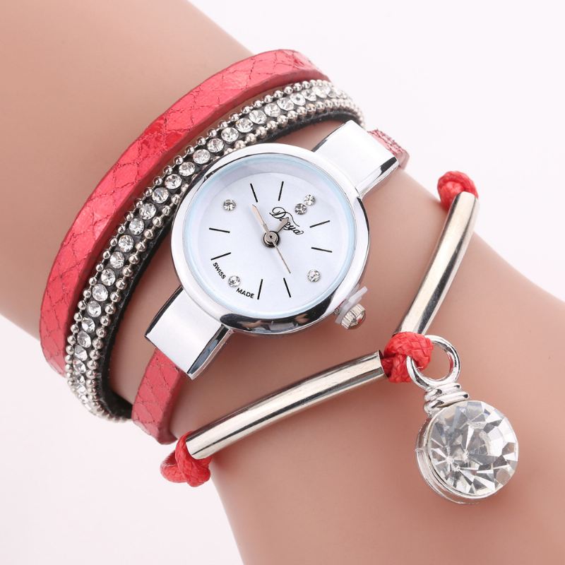 Crystal Pendant Kvinder Armbånd Watch Retro Style Læderrem Quartz Watch