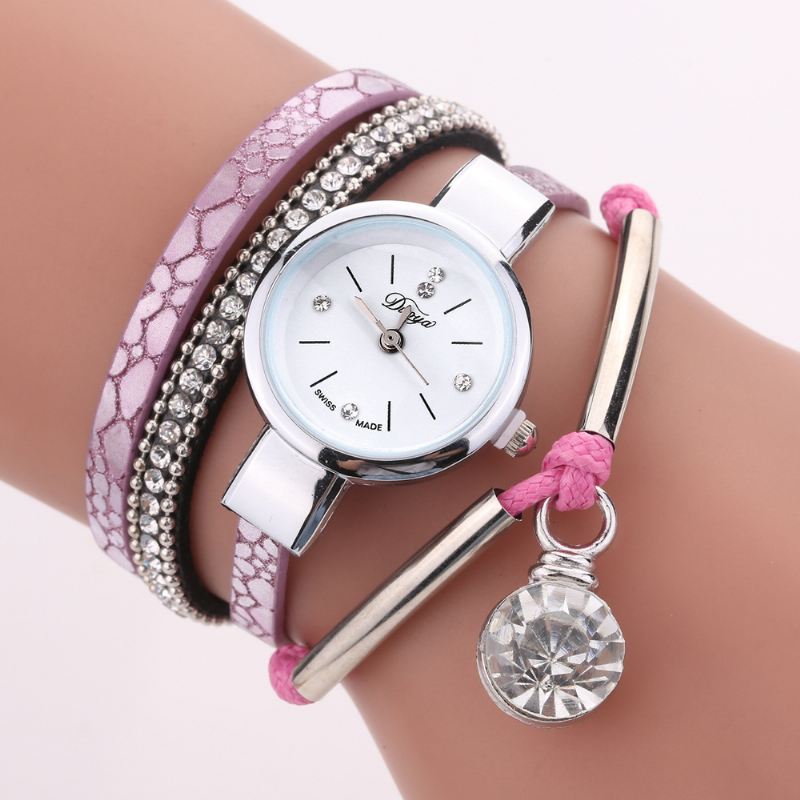 Crystal Pendant Kvinder Armbånd Watch Retro Style Læderrem Quartz Watch