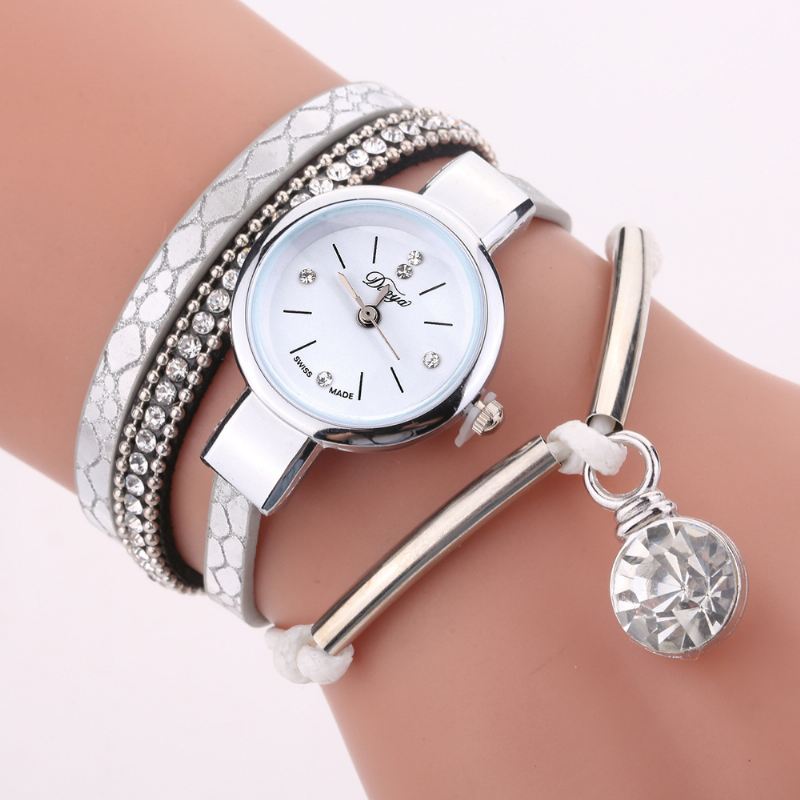 Crystal Pendant Kvinder Armbånd Watch Retro Style Læderrem Quartz Watch